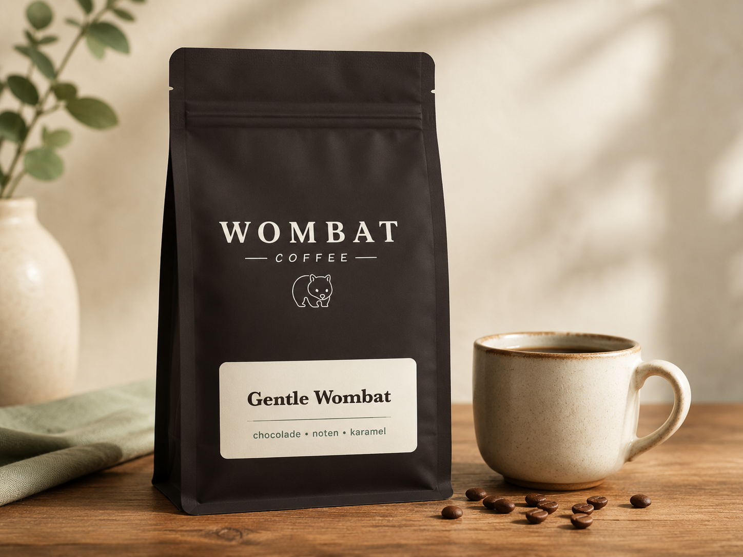 Gentle Wombat-koffie met het Wombat-logo naast een kop koffie